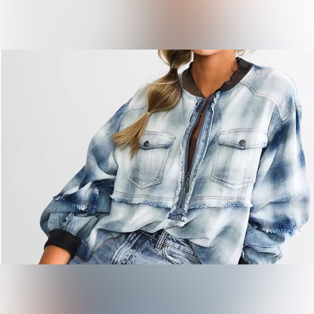 Gilded Intent Distressed Blue Checkered Denim Jacket medium NWT - Picture 2 of 8